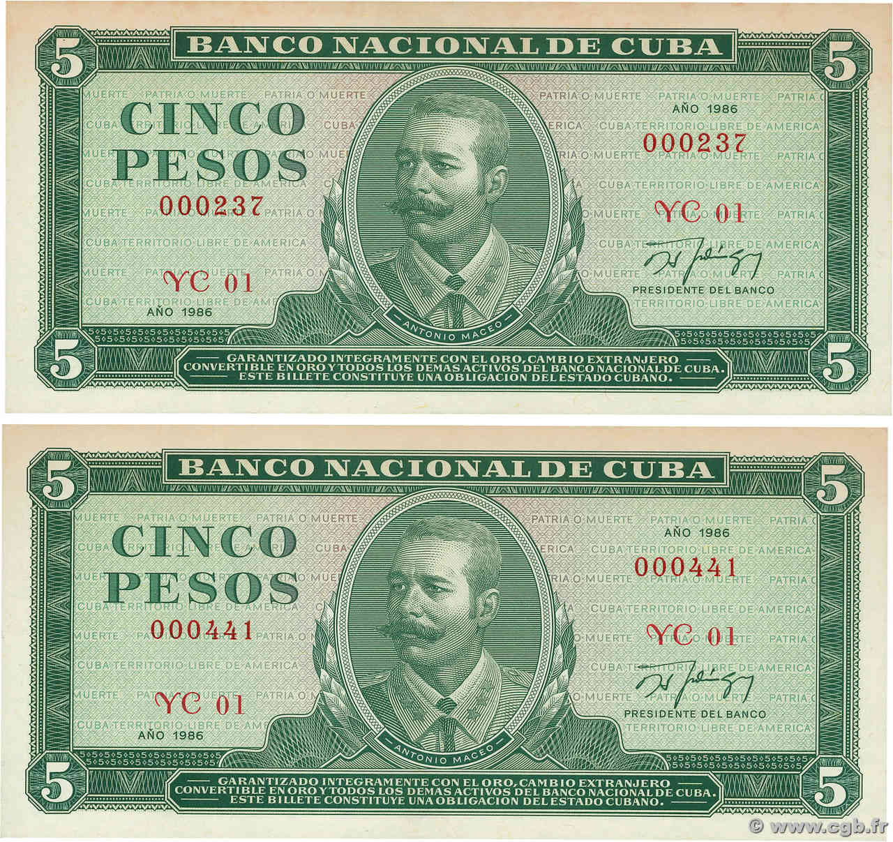 5 Pesos Lot CUBA  1986 P.103c SPL+