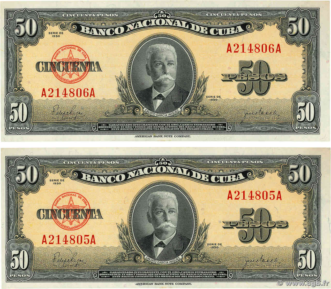 50 Pesos Consécutifs CUBA  1950 P.081a SPL