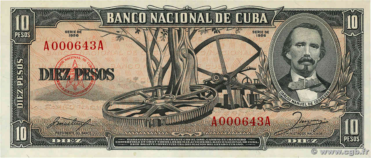 10 Pesos Petit numéro KUBA  1956 P.088a ST