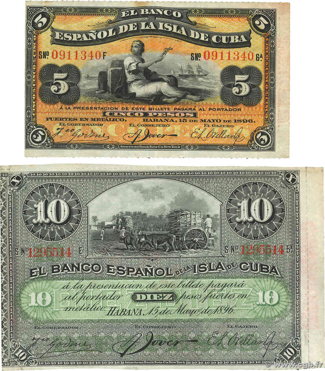 5 et 10 Pesos Lot CUBA  1896 P.048b et P.049d TB à TTB
