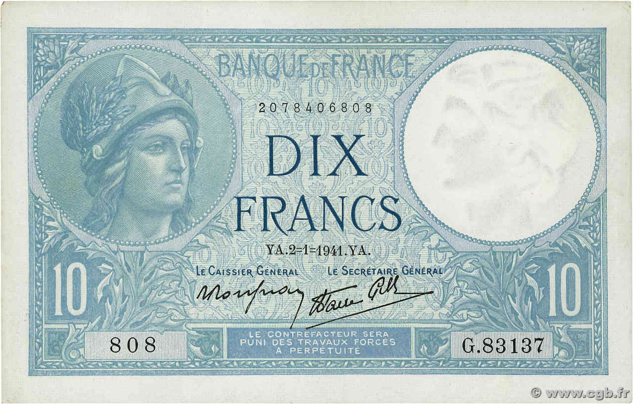10 Francs MINERVE modifié FRANCE  1941 F.07.26 SPL+