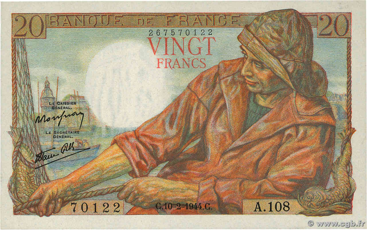 20 Francs PÊCHEUR FRANCE  1944 F.13.08 UNC