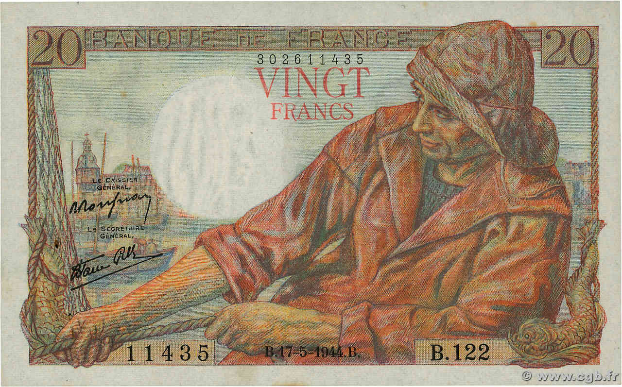 20 Francs PÊCHEUR FRANKREICH  1944 F.13.09 fST