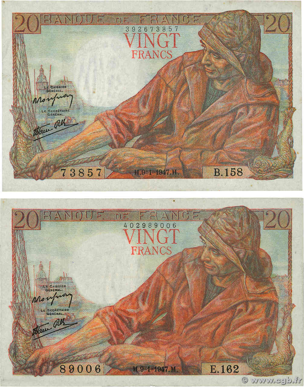 20 Francs PÊCHEUR Lot FRANCE  1947 F.13.11 VF+