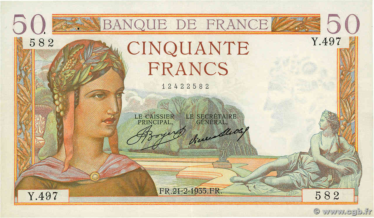 50 Francs CÉRÈS FRANKREICH  1935 F.17.04 fVZ