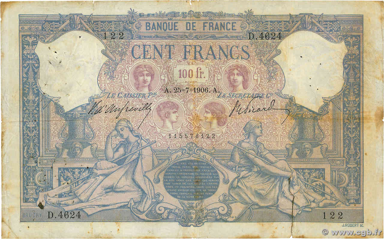 100 Francs BLEU ET ROSE FRANCE  1906 F.21.20 B+