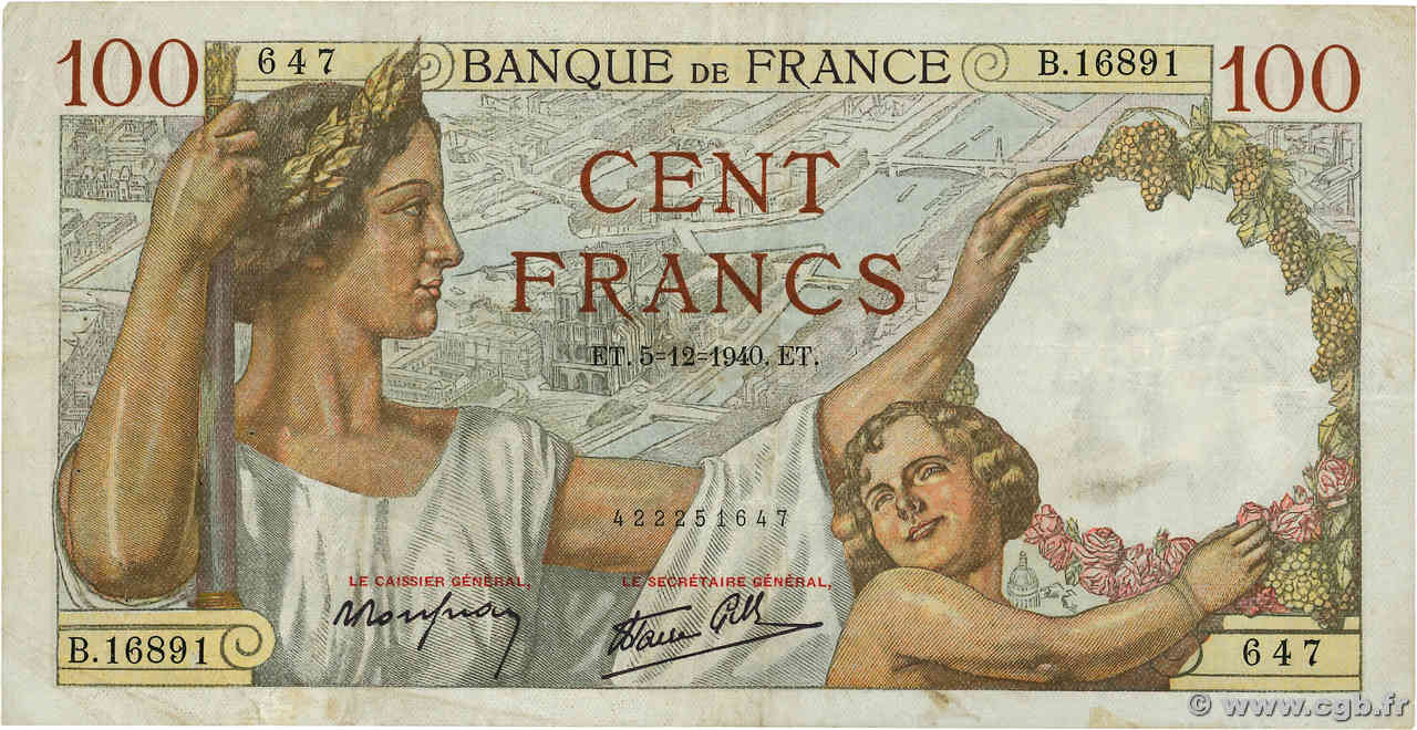 100 Francs SULLY FRANKREICH  1940 F.26.42 fSS