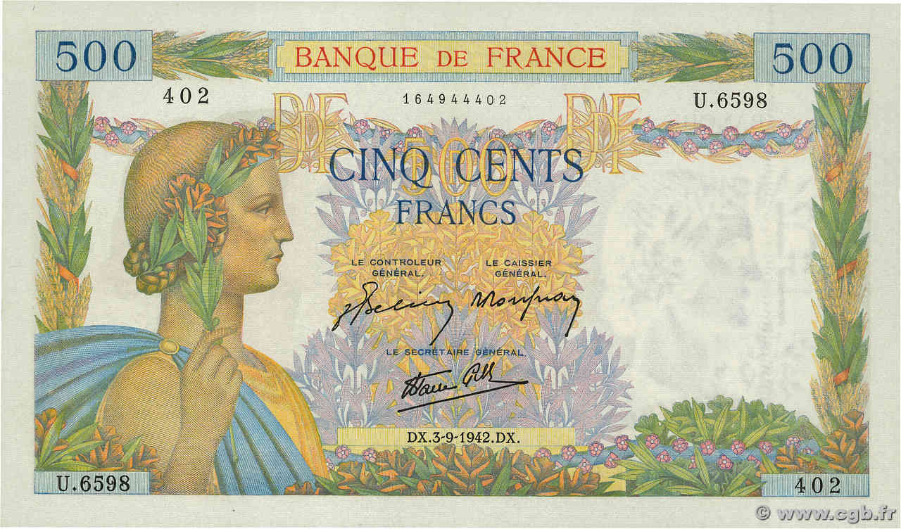 500 Francs LA PAIX FRANCIA  1942 F.32.39 EBC