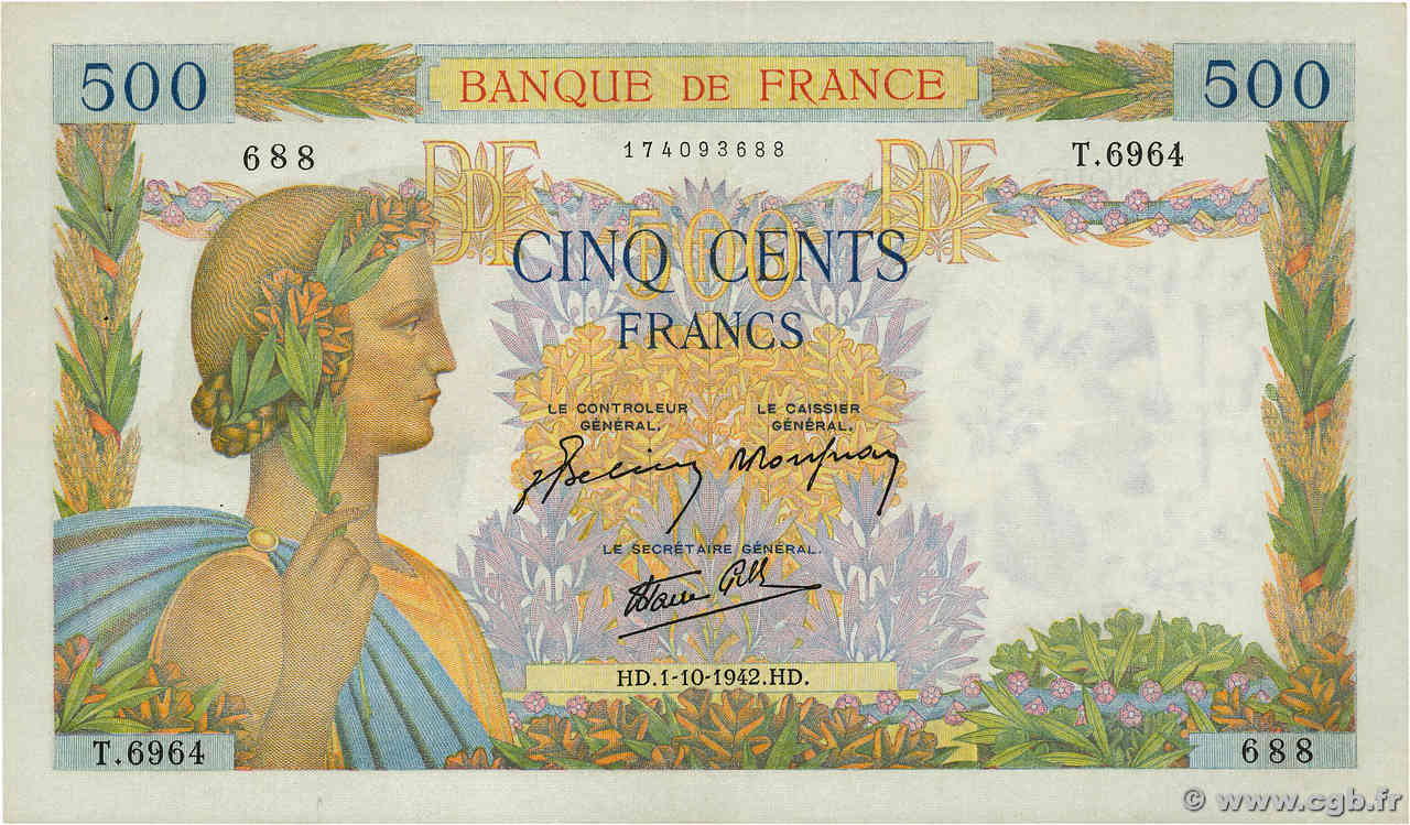 500 Francs LA PAIX FRANCIA  1942 F.32.41 EBC