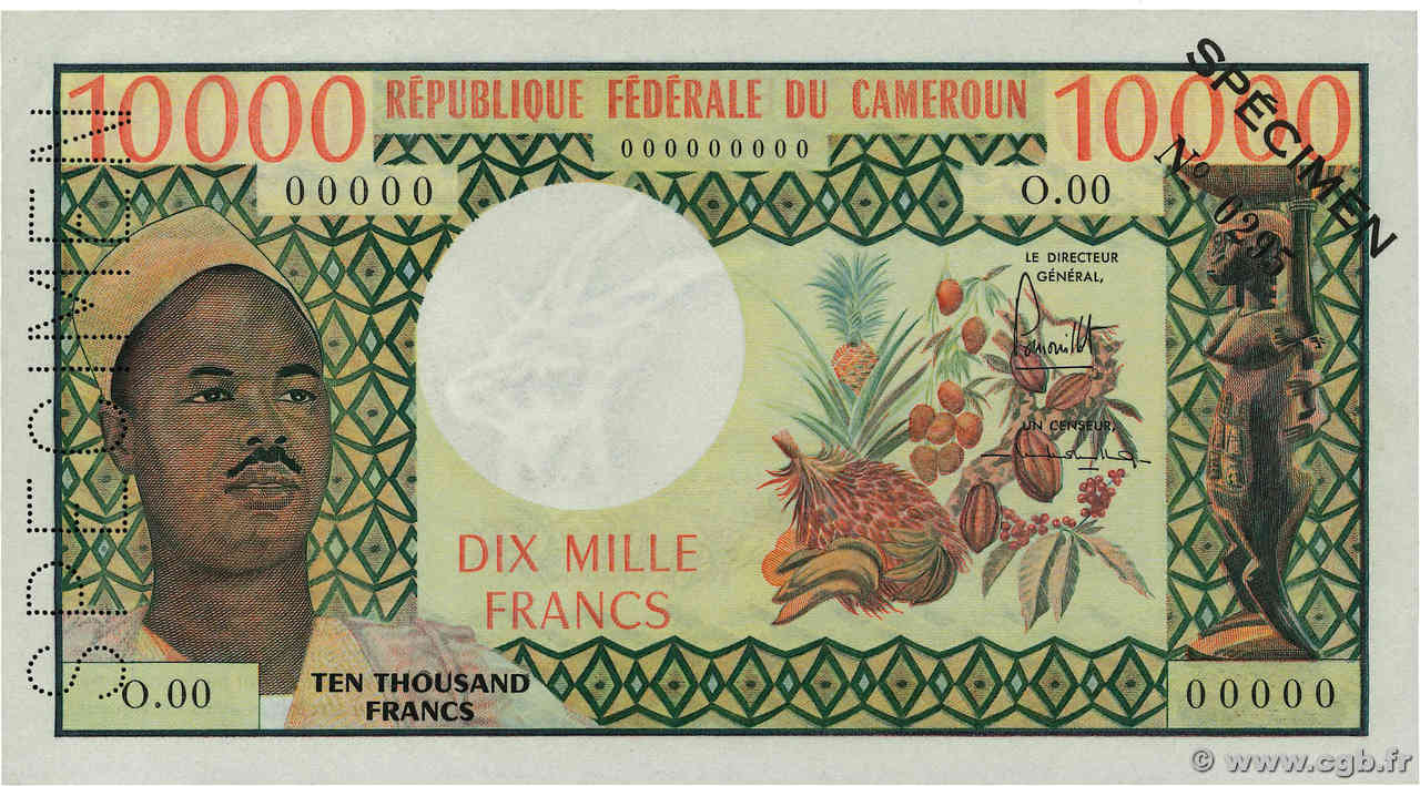10000 Francs Spécimen CAMERúN  1962 P.14s SC+
