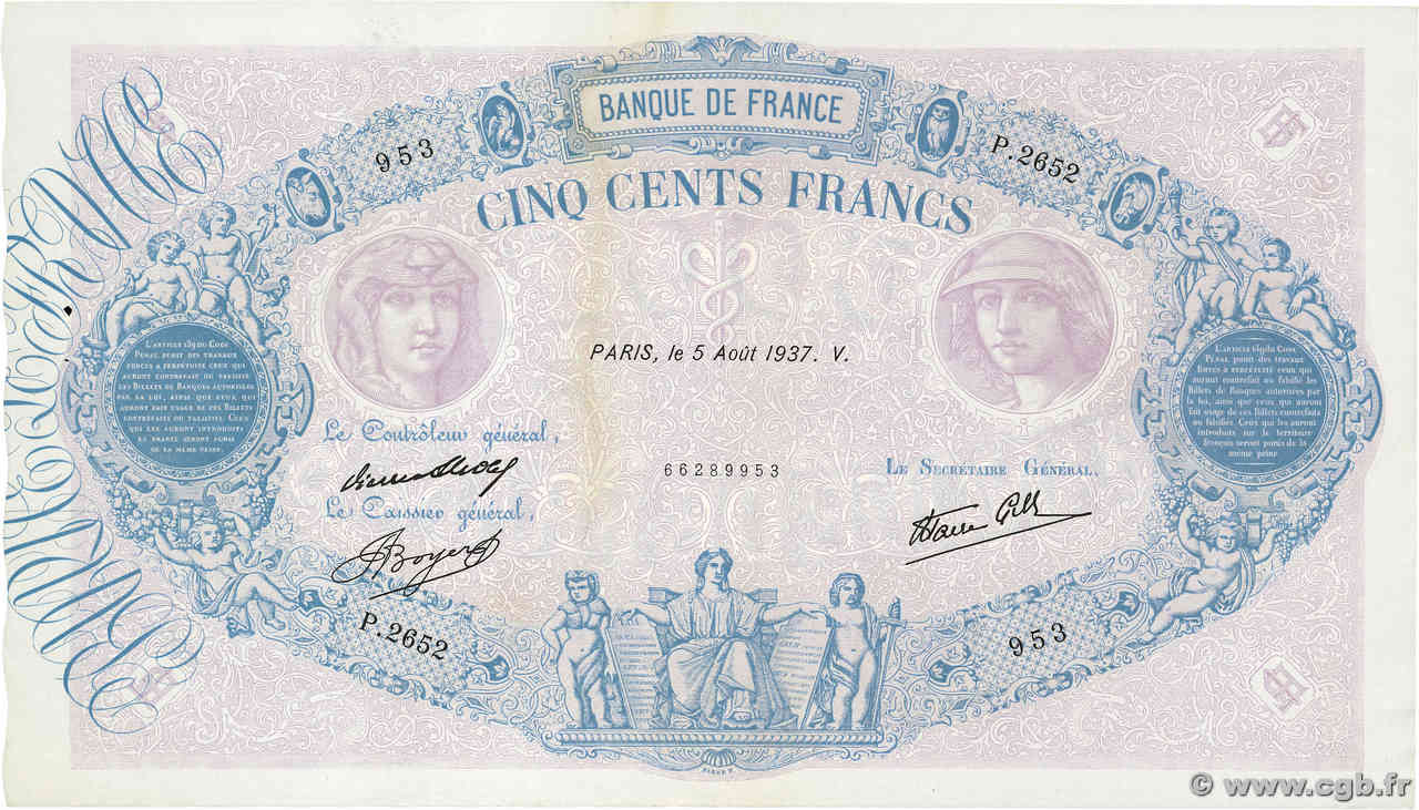 500 Francs BLEU ET ROSE modifié FRANCE  1937 F.31.01 AU-