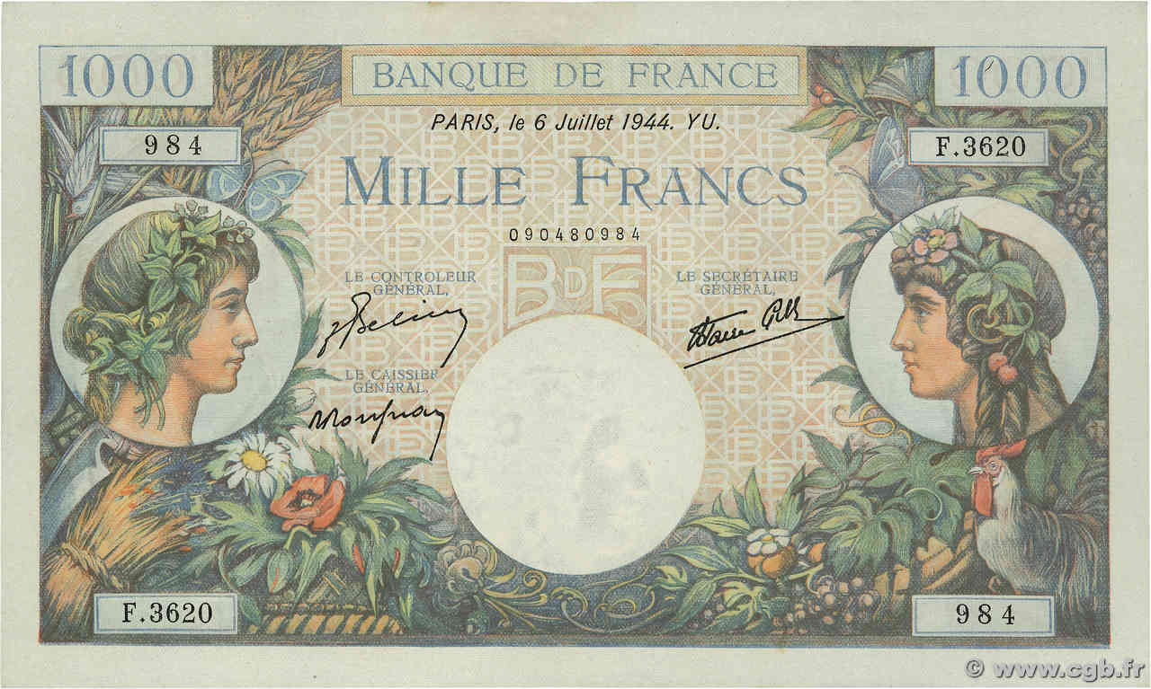 1000 Francs COMMERCE ET INDUSTRIE FRANCE  1944 F.39.10 XF-