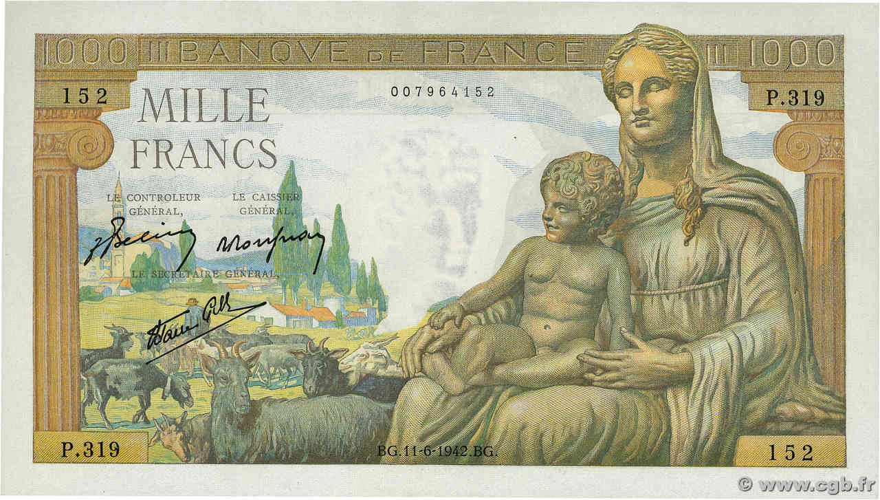 1000 Francs DÉESSE DÉMÉTER FRANKREICH  1942 F.40.02 fST+