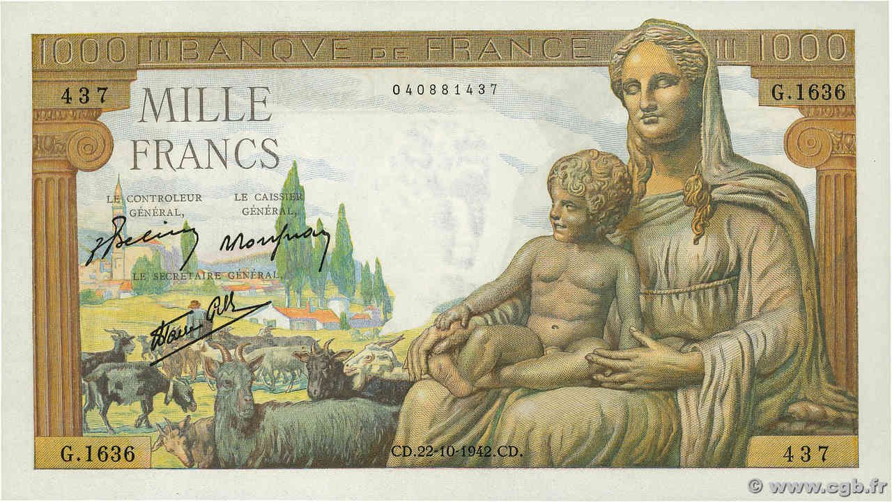 1000 Francs DÉESSE DÉMÉTER FRANKREICH  1942 F.40.09 fST