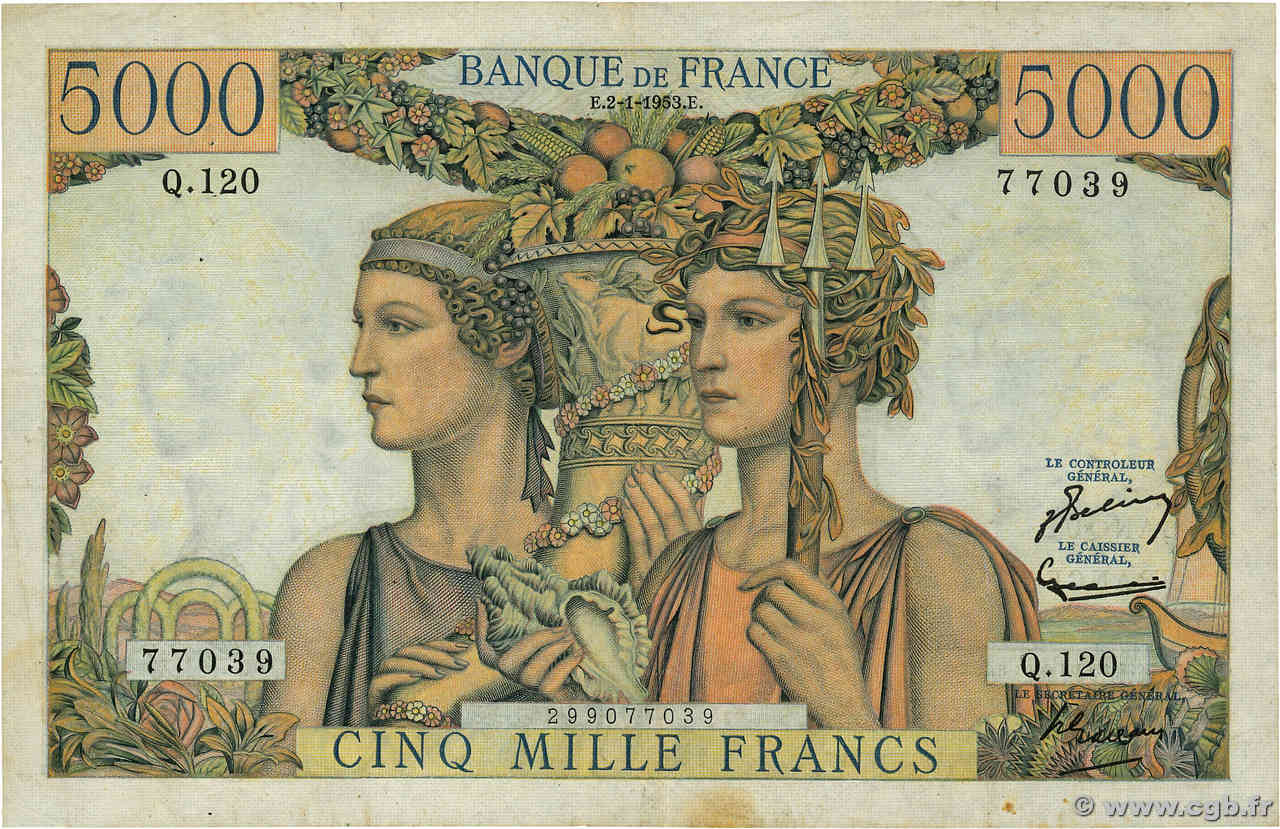 5000 Francs TERRE ET MER FRANCE  1953 F.48.08 VF