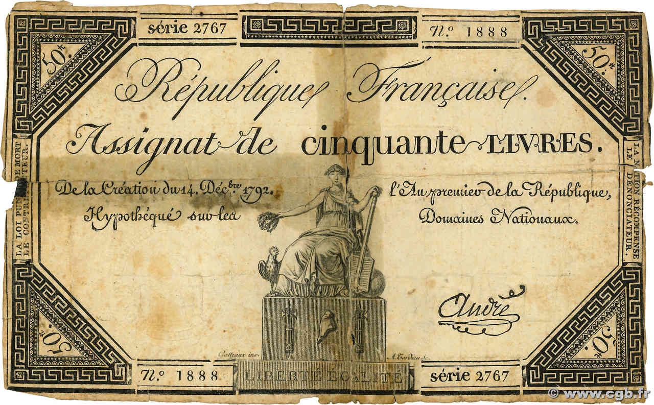 50 Livres FRANKREICH  1792 Ass.39a GE