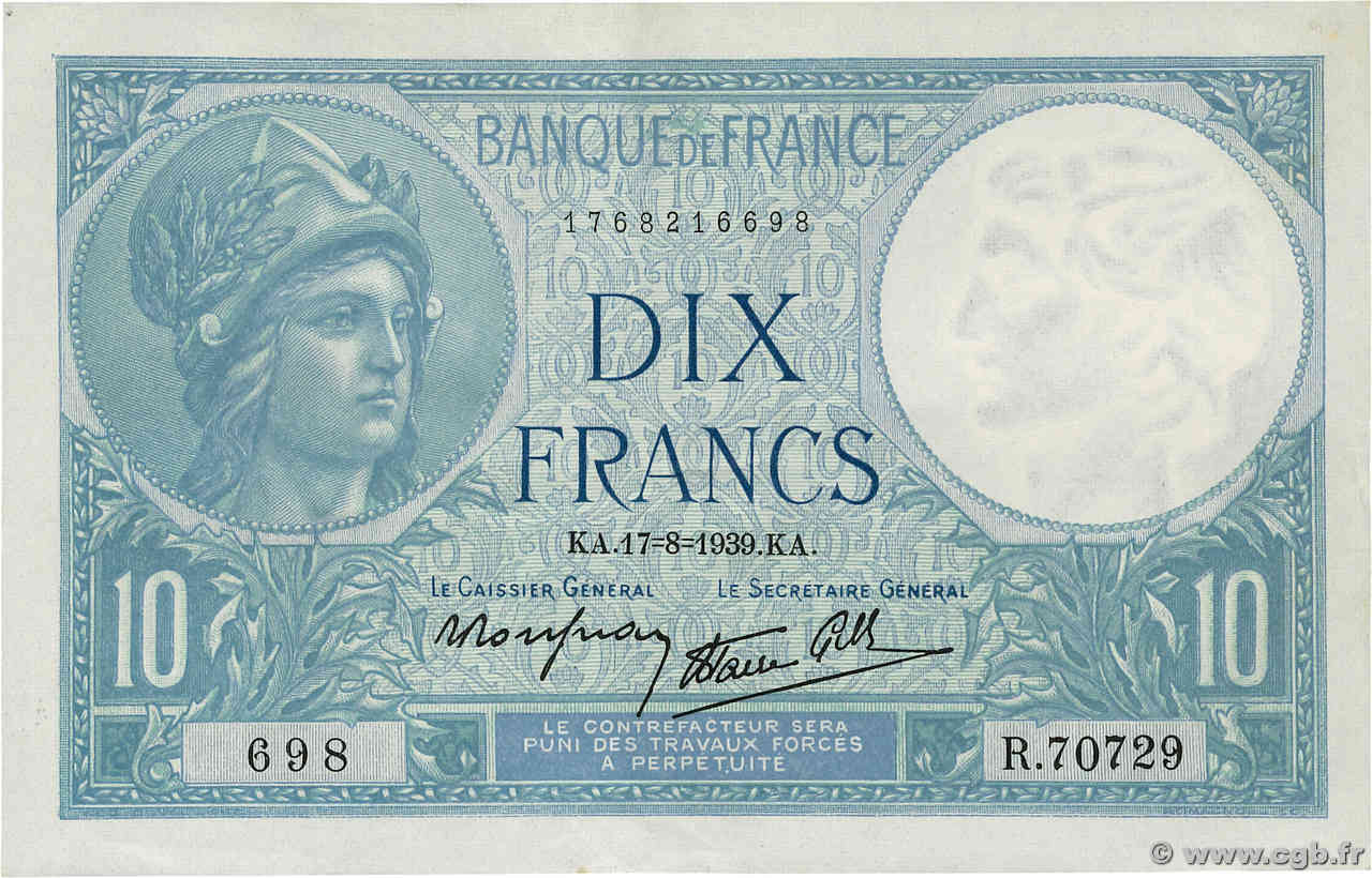 10 Francs MINERVE modifié FRANCE  1939 F.07.05 TTB+