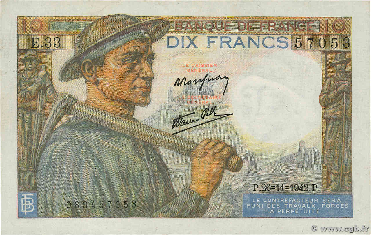 10 Francs MINEUR FRANKREICH  1942 F.08.06 fSS