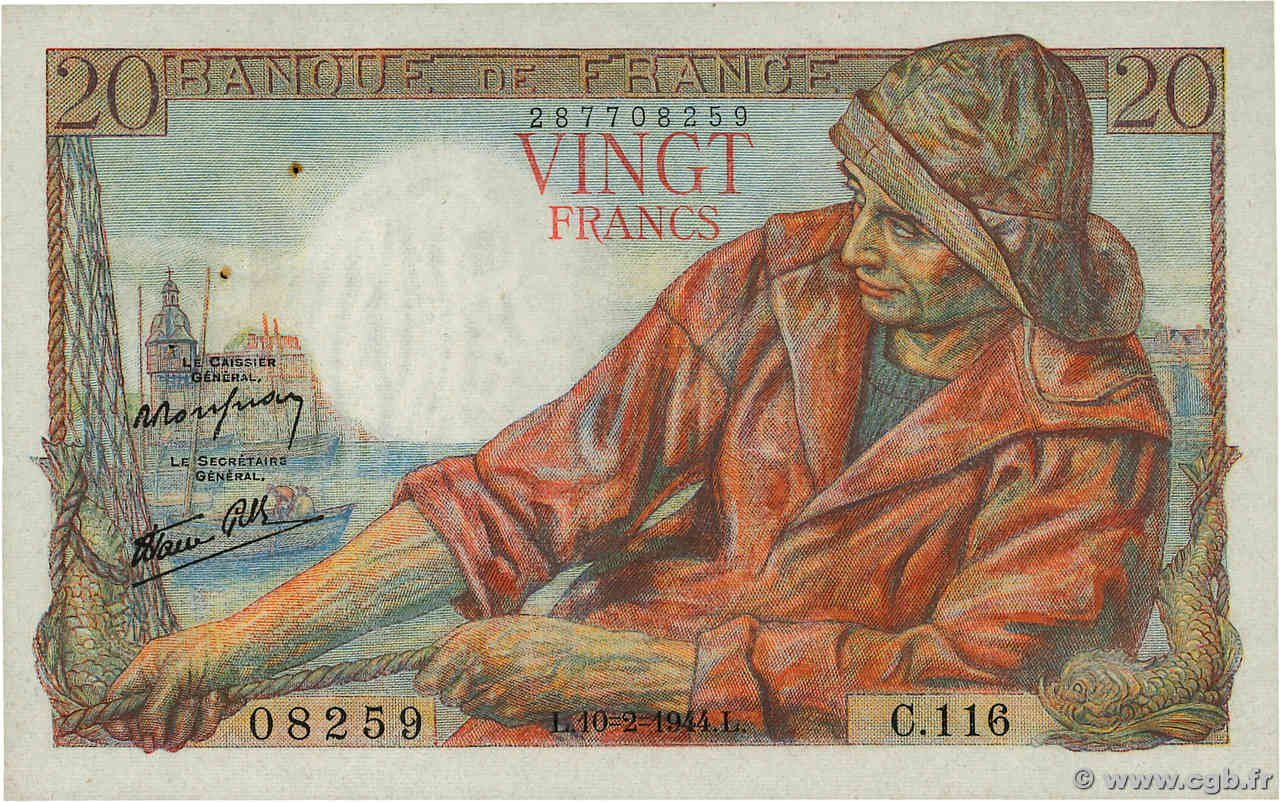 20 Francs PÊCHEUR FRANCE  1944 F.13.08 SUP