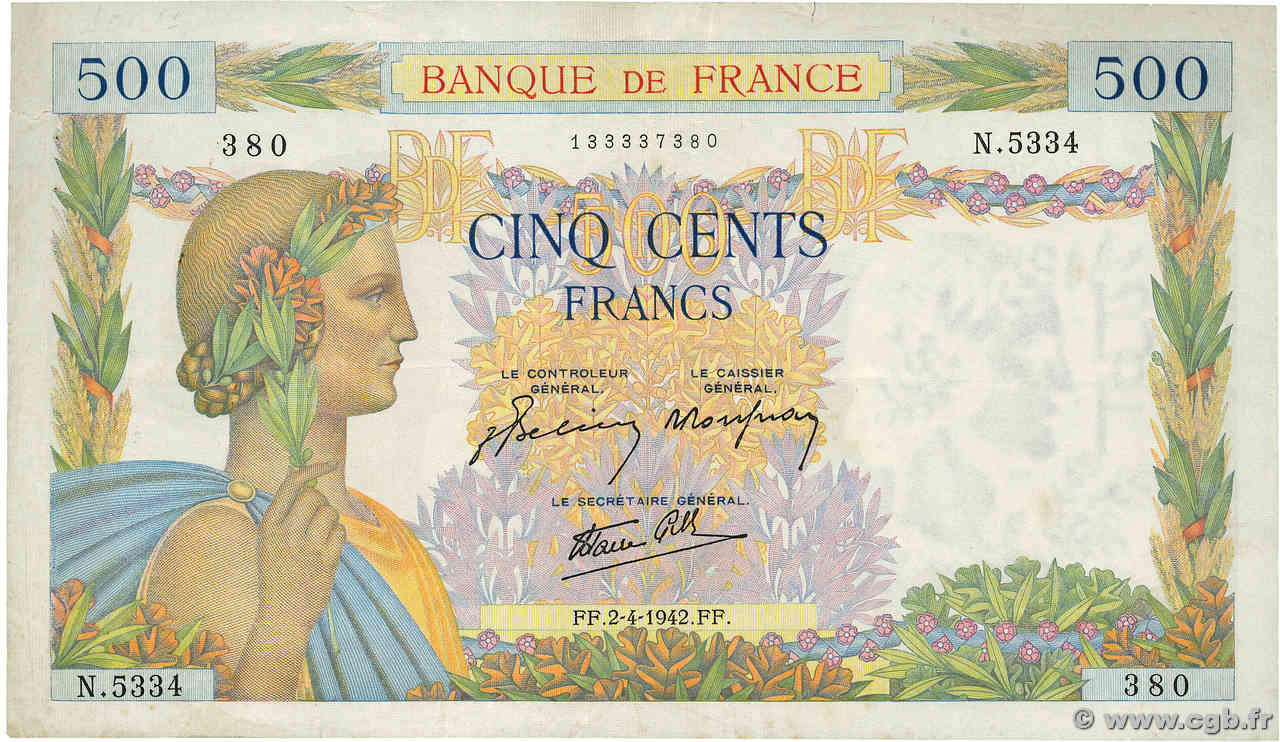 500 Francs LA PAIX FRANCIA  1942 F.32.33 q.BB