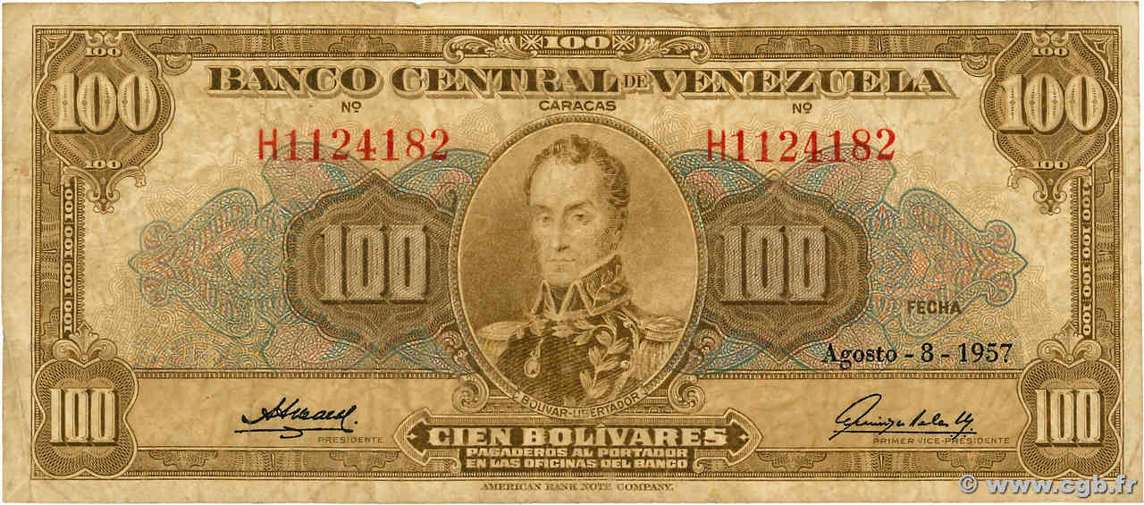100 Bolivares VENEZUELA  1957 P.034c q.MB