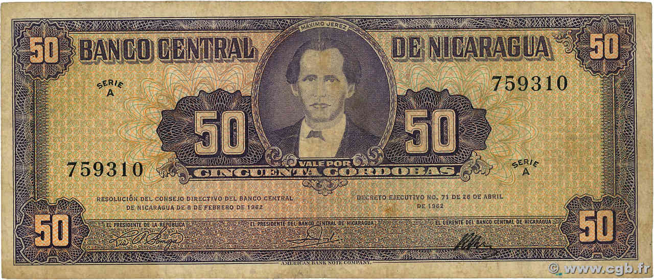50 Cordobas NICARAGUA  1962 P.111 TB