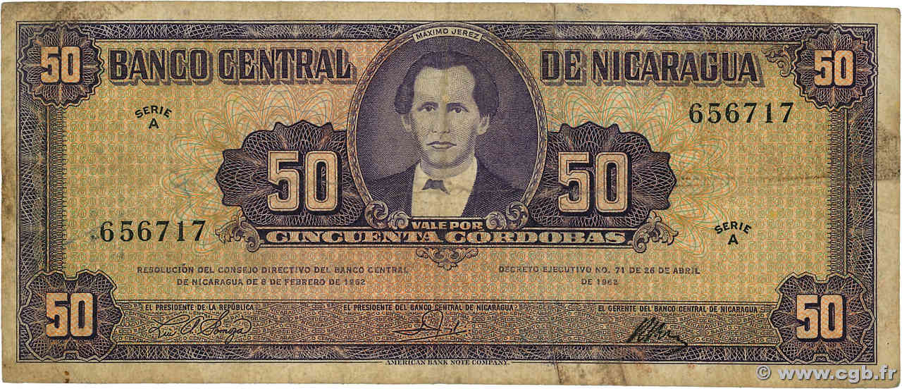 50 Cordobas NICARAGUA  1962 P.111 F