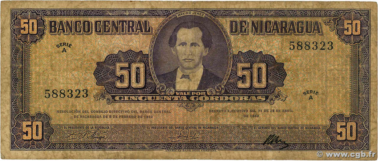 50 Cordobas NICARAGUA  1962 P.111 RC+