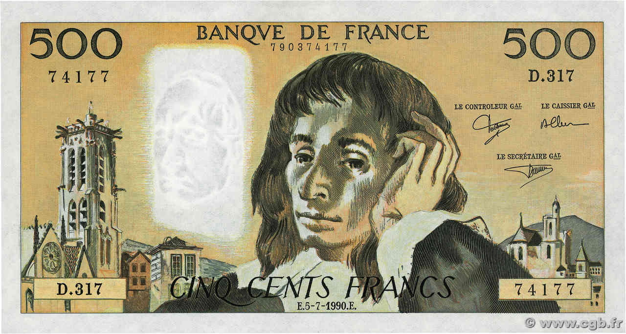 500 Francs PASCAL FRANKREICH  1990 F.71.44 fST