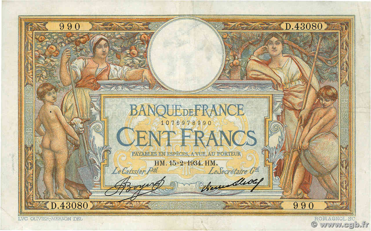 100 Francs LUC OLIVIER MERSON grands cartouches FRANKREICH  1934 F.24.13 fVZ