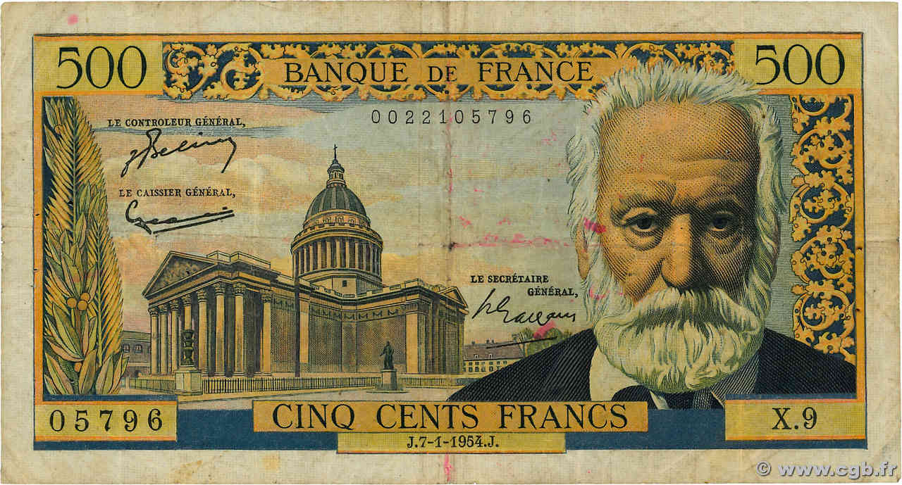 500 Francs VICTOR HUGO FRANKREICH  1954 F.35.01 SGE