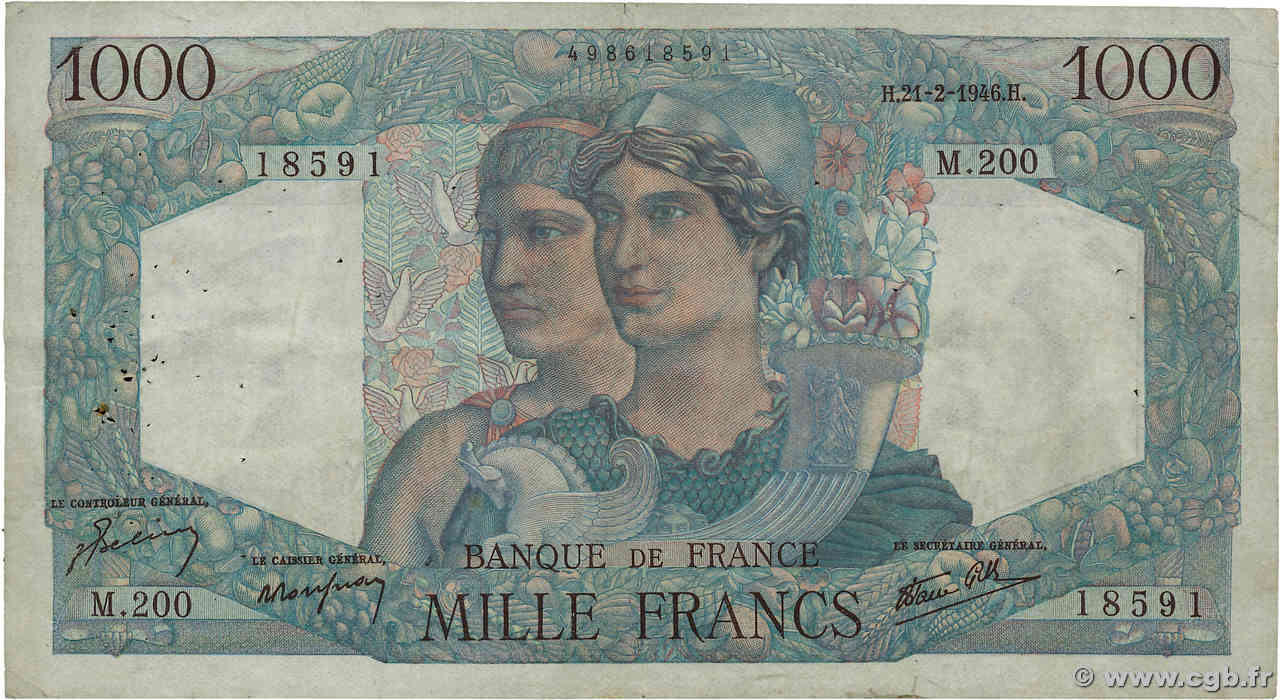 1000 Francs MINERVE ET HERCULE FRANCE  1946 F.41.11 TTB