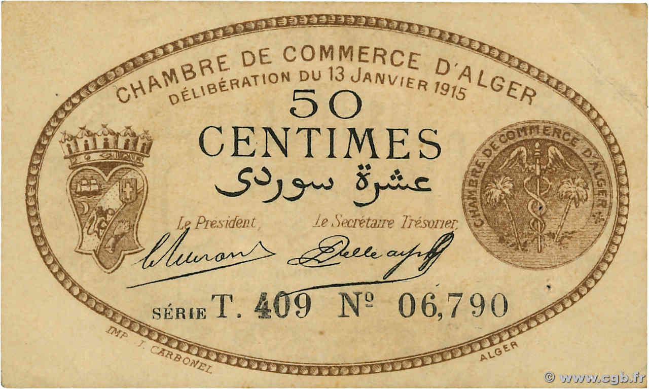 50 Centimes ALGÉRIE Alger 1915 JP.137.10 pr.SUP