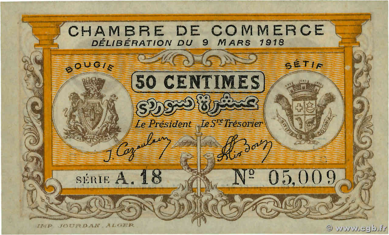 50 Centimes ALGERIA Bougie, Setif 1918 JP.139.03 FDC