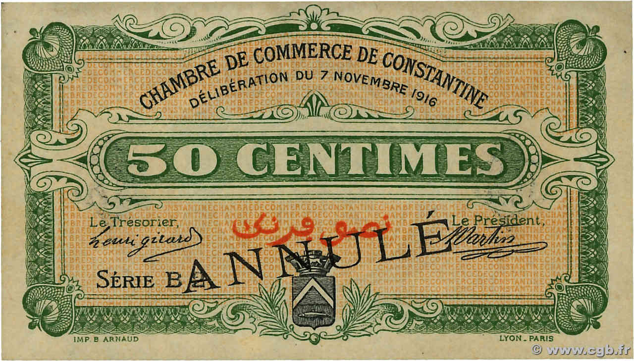 50 Centimes Annulé ALGERIA Constantine 1916 JP.140.07 FDC