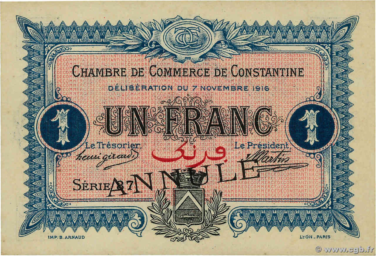 1 Franc Annulé ALGÉRIE Constantine 1916 JP.140.11 pr.NEUF