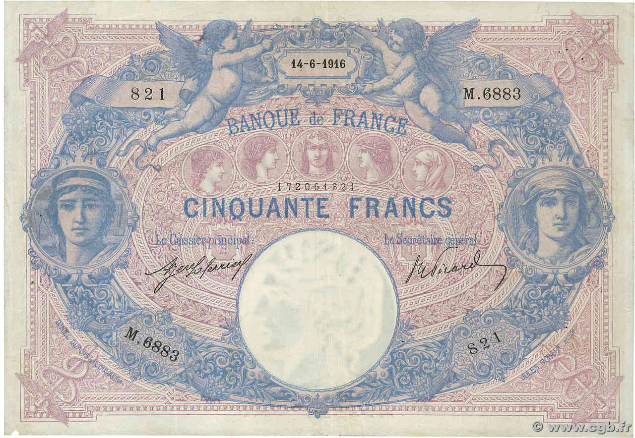 50 Francs BLEU ET ROSE FRANKREICH  1916 F.14.29 SS