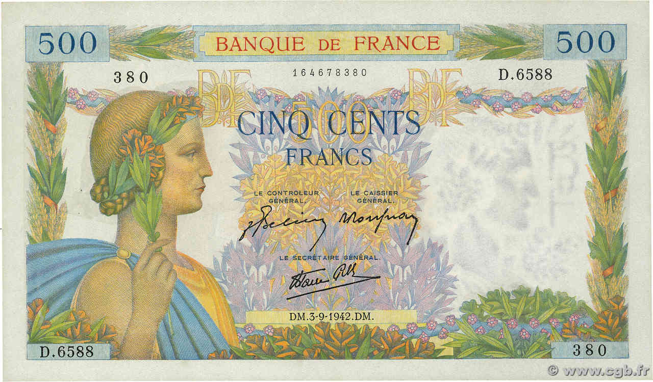500 Francs LA PAIX FRANKREICH  1942 F.32.39 fST