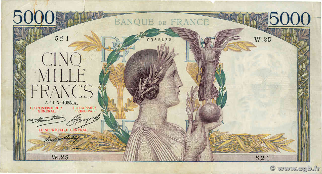 5000 Francs VICTOIRE FRANCIA  1935 F.44.03 q.MB