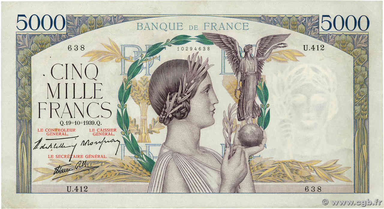 5000 Francs VICTOIRE Impression à plat FRANKREICH  1939 F.46.15 SS