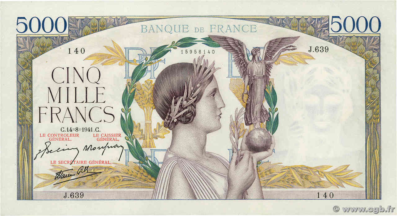 5000 Francs VICTOIRE Impression à plat FRANCIA  1941 F.46.25 q.SPL