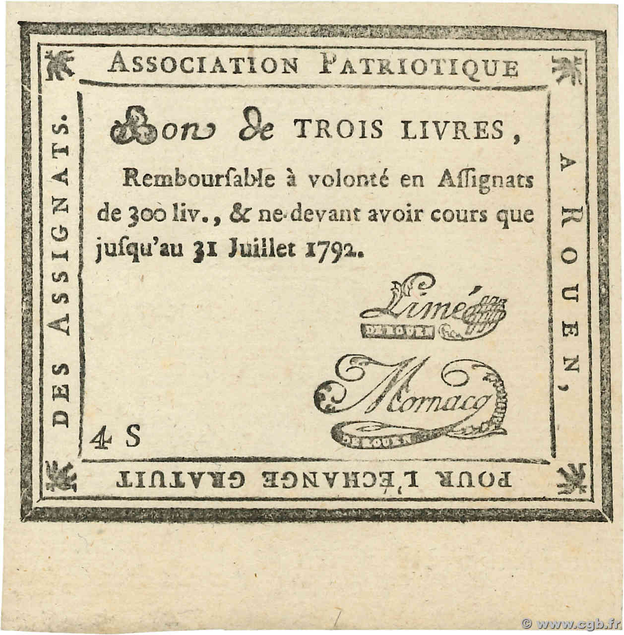 3 Livres Faux FRANCE régionalisme et divers Rouen 1792 Kc.76.162 SPL