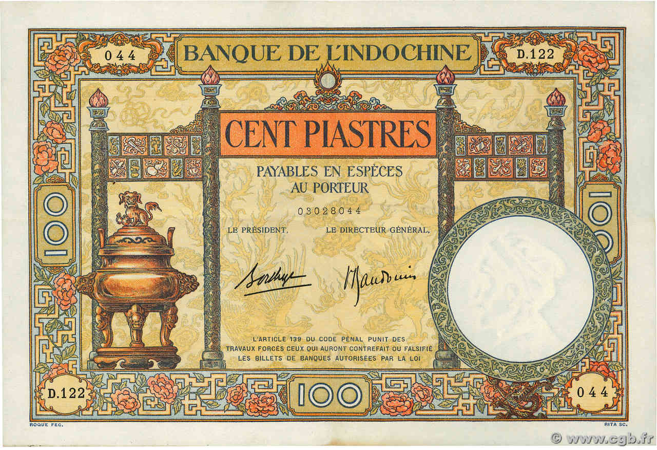 100 Piastres INDOCINA FRANCESE  1939 P.051d q.SPL