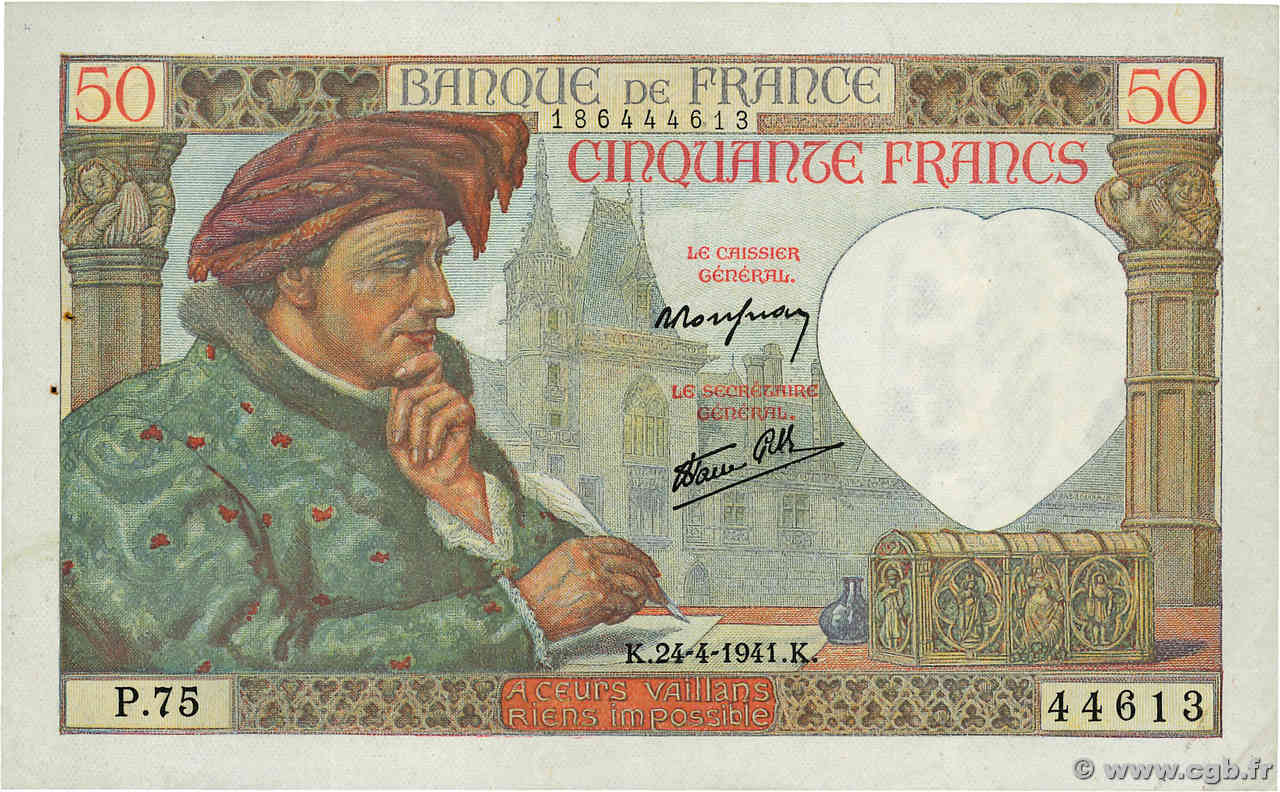 50 Francs JACQUES CŒUR FRANCE  1941 F.19.09 TTB+