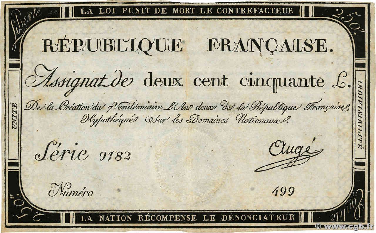 250 Livres FRANCE  1793 Ass.45a TTB