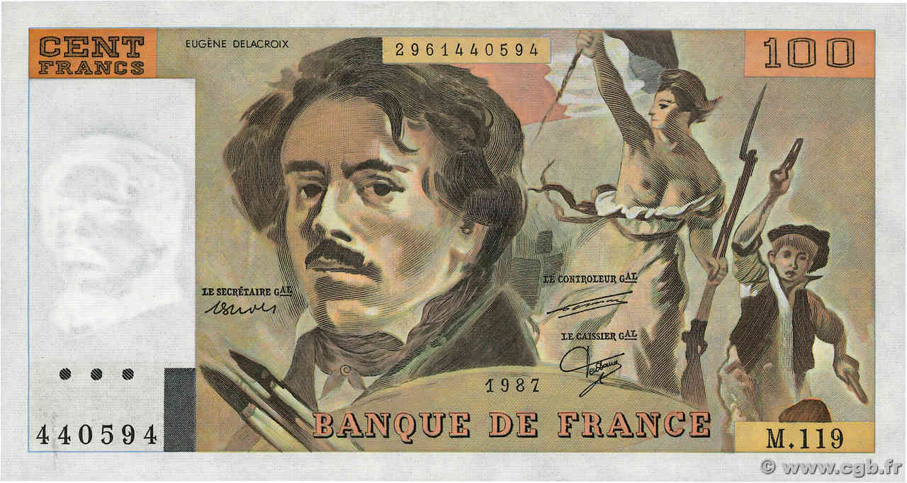 100 Francs DELACROIX modifié FRANCE  1987 F.69.11 SUP