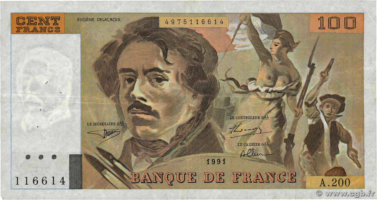 100 Francs DELACROIX imprimé en continu FRANCE  1991 F.69BIS.04a TB+