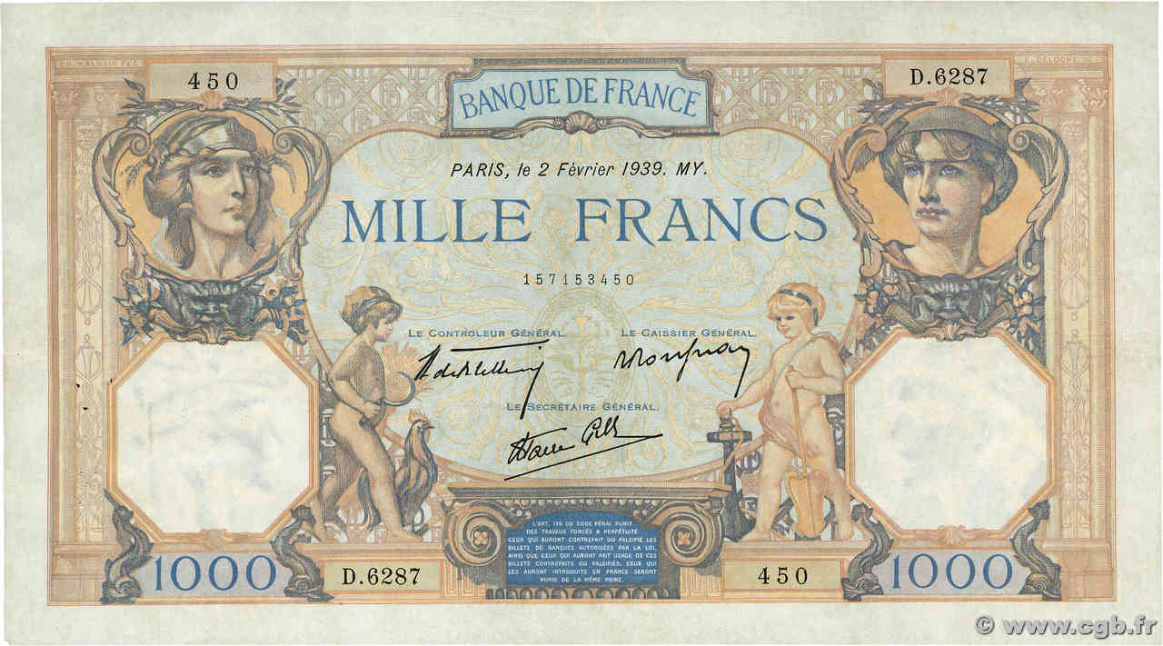 1000 Francs CÉRÈS ET MERCURE type modifié FRANCE  1939 F.38.34 TTB+