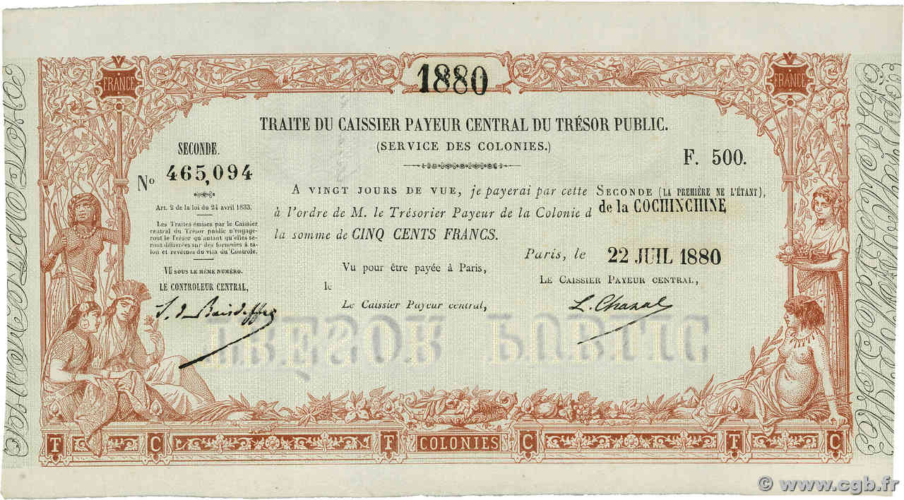 500 Francs FRENCH INDOCHINA  1880 P.-- XF+