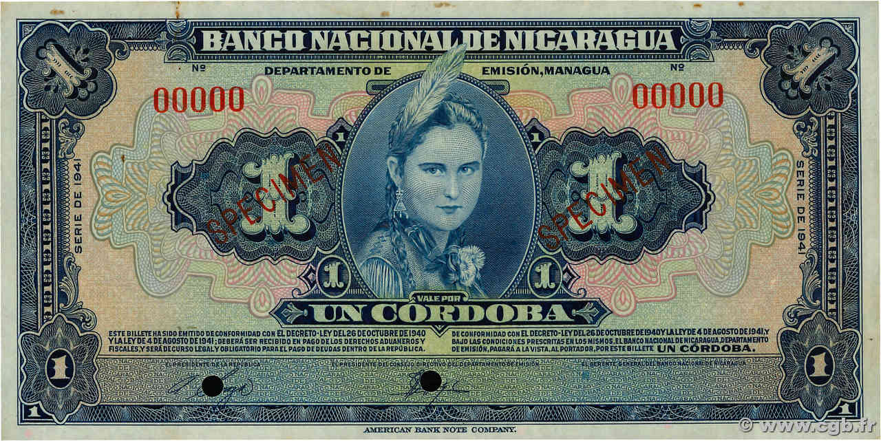 1 Cordoba Spécimen NIKARAGUA  1941 P.090s1 fST